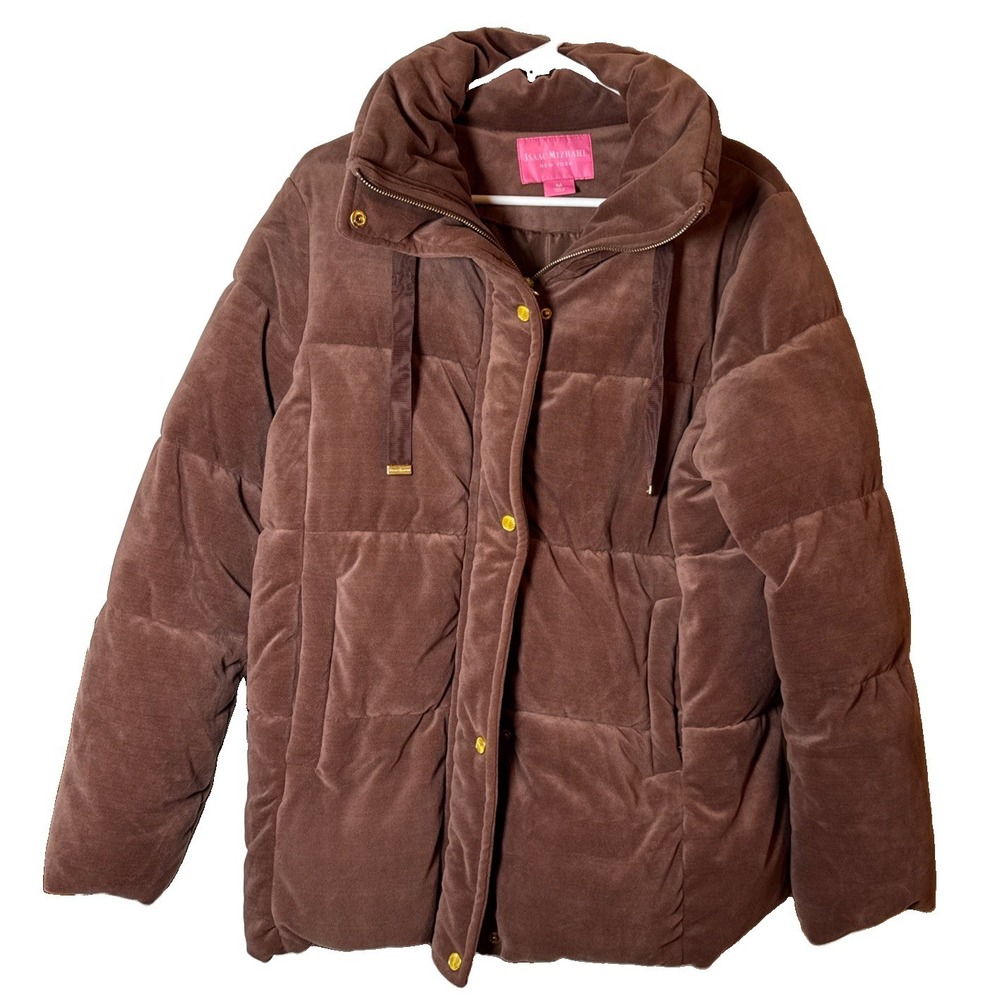Isaac Mizrahi New York Womens M Brown Velvet Puffer Jacket Quilted Winter Coat